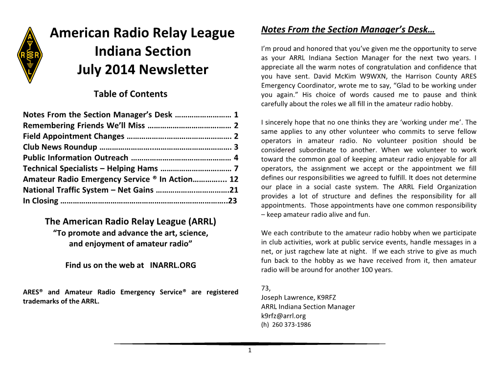 American Radio Relay League Indiana Section July 2014 Newsletter