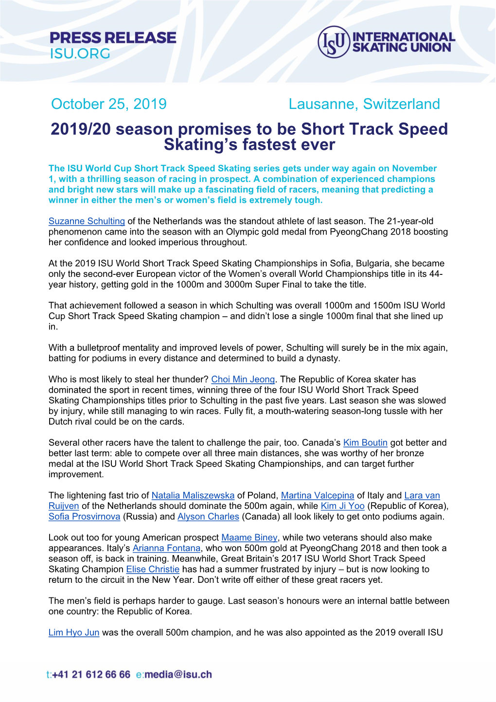 2019/20 Season Promises to Be Short Track Speed Skating’S Fastest Ever