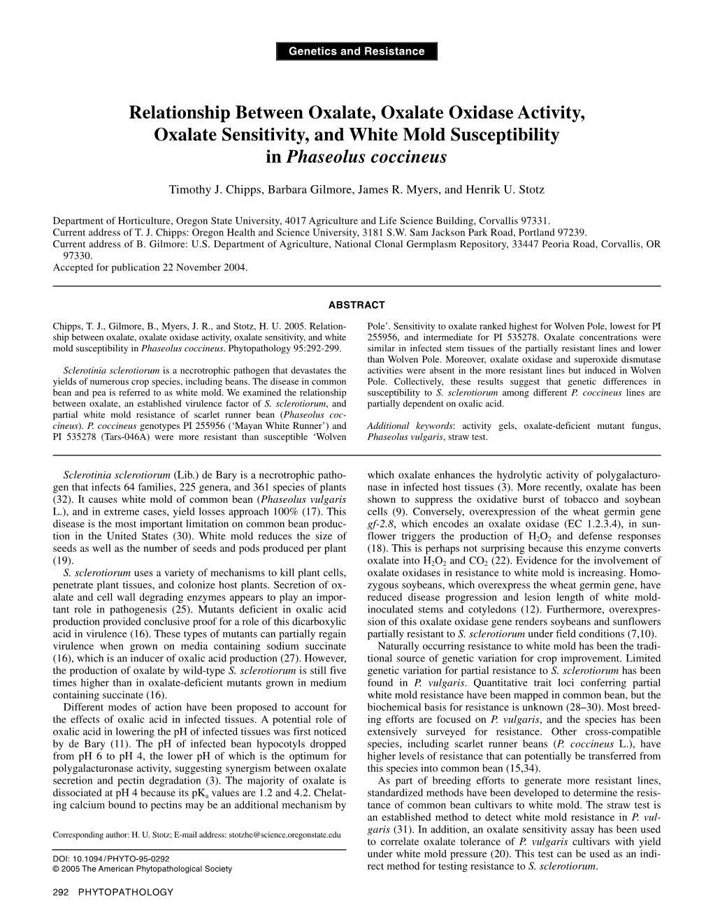 Relationship Between Oxalate, Oxalate Oxidase Activity, Oxalate Sensitivity, and White Mold Susceptibility in Phaseolus Coccineus
