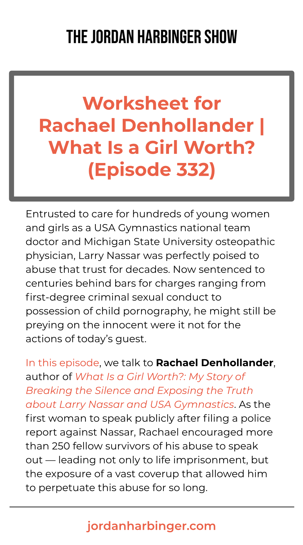 Worksheet for Rachael Denhollander | What Is a Girl Worth? (Episode 332)