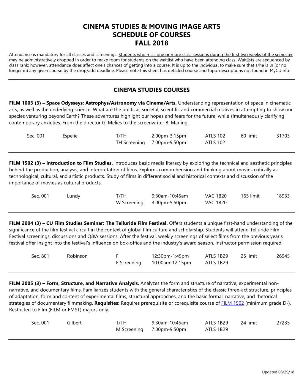 Cinema Studies & Moving Image Arts Schedule of Courses Fall 2018