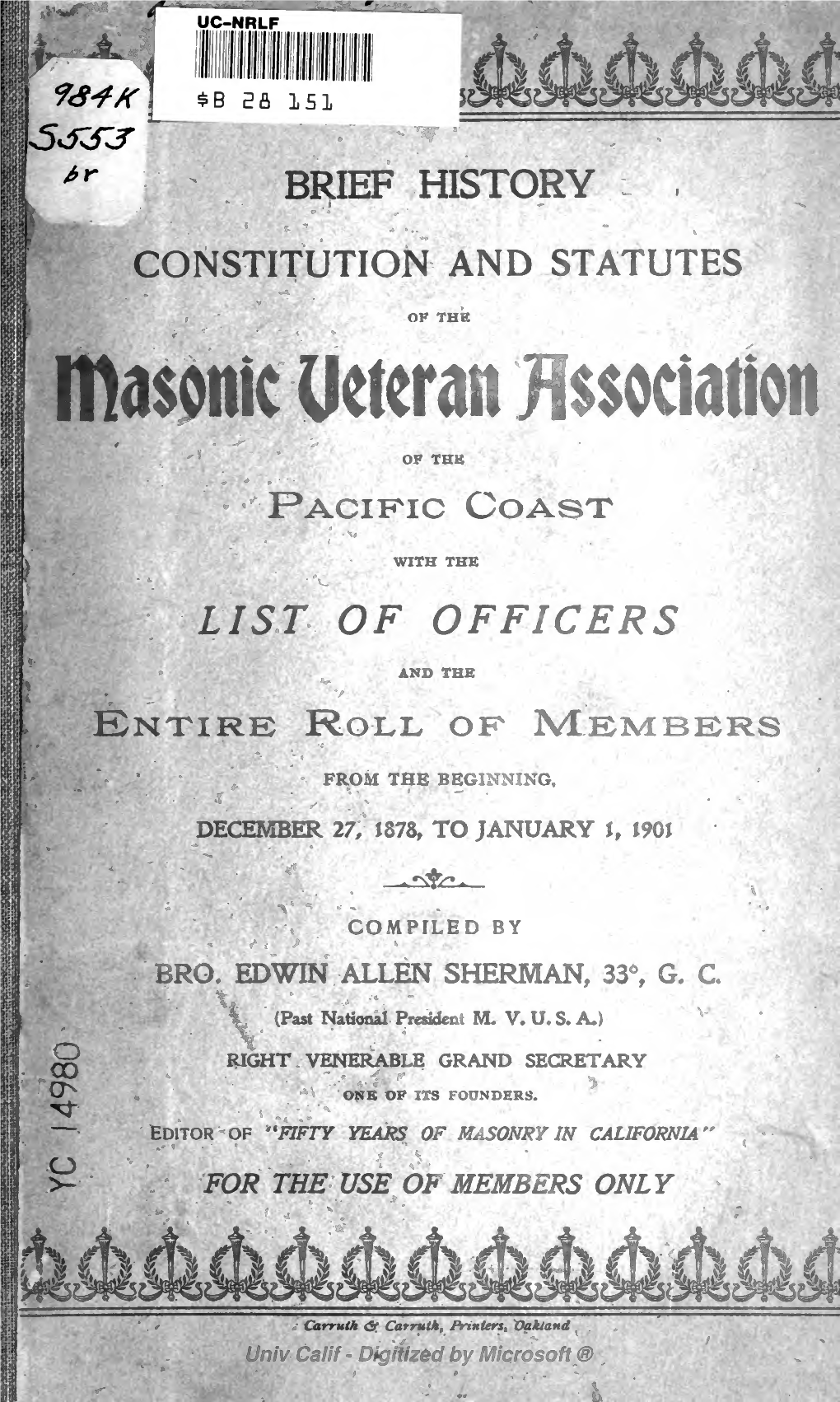 Brief History, Constitution and Statutes of the Masonic Pacific Coast