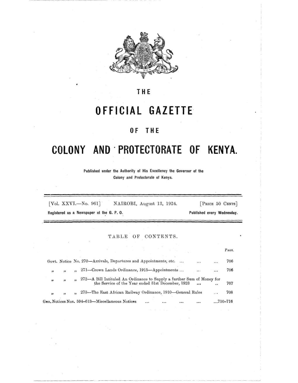 Official Gazette Colony and Protectorate of Kenya