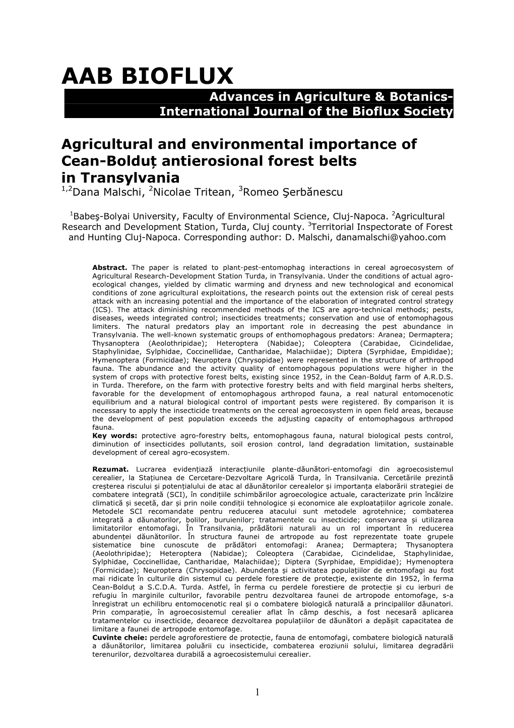 AAB BIOFLUX Advances in Agriculture & Botanics- International Journal of the Bioflux Society