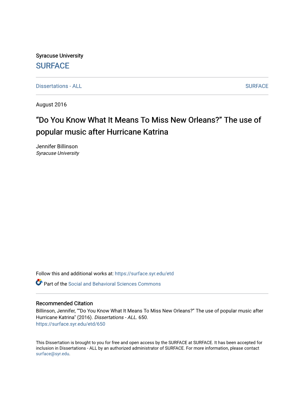 “Do You Know What It Means to Miss New Orleans?” the Use of Popular Music After Hurricane Katrina