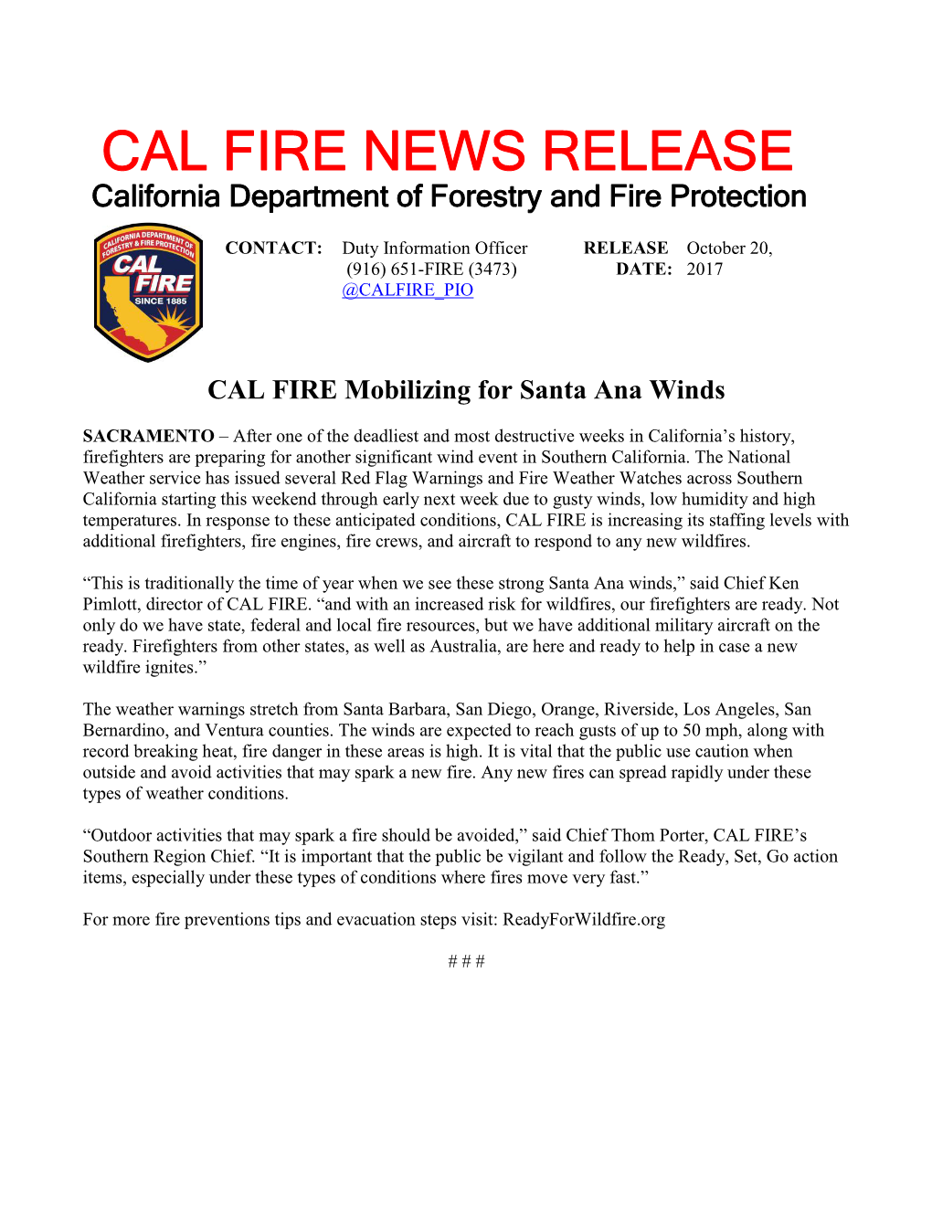 CAL FIRE Mobilizing for Santa Ana Winds