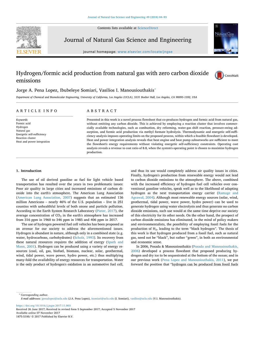 Hydrogen/Formic Acid Production from Natural Gas with Zero Carbon Dioxide Emissions MARK