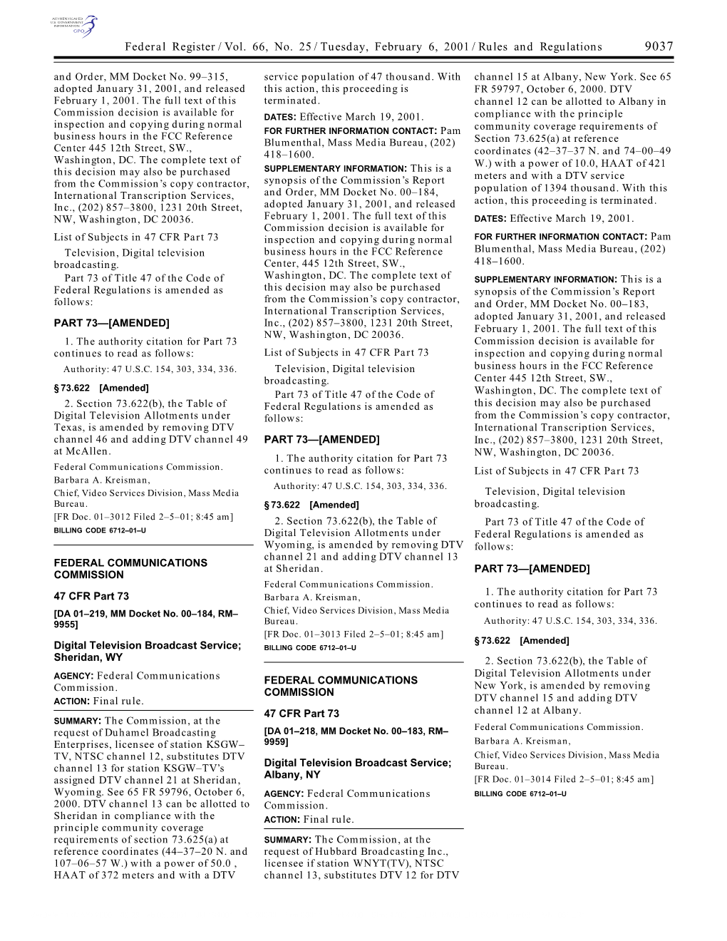 Federal Register/Vol. 66, No. 25/Tuesday, February 6, 2001