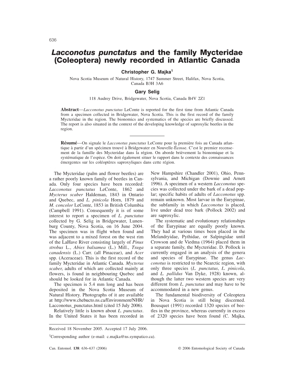 Lacconotus Punctatus and the Family Mycteridae (Coleoptera) Newly Recorded in Atlantic Canada