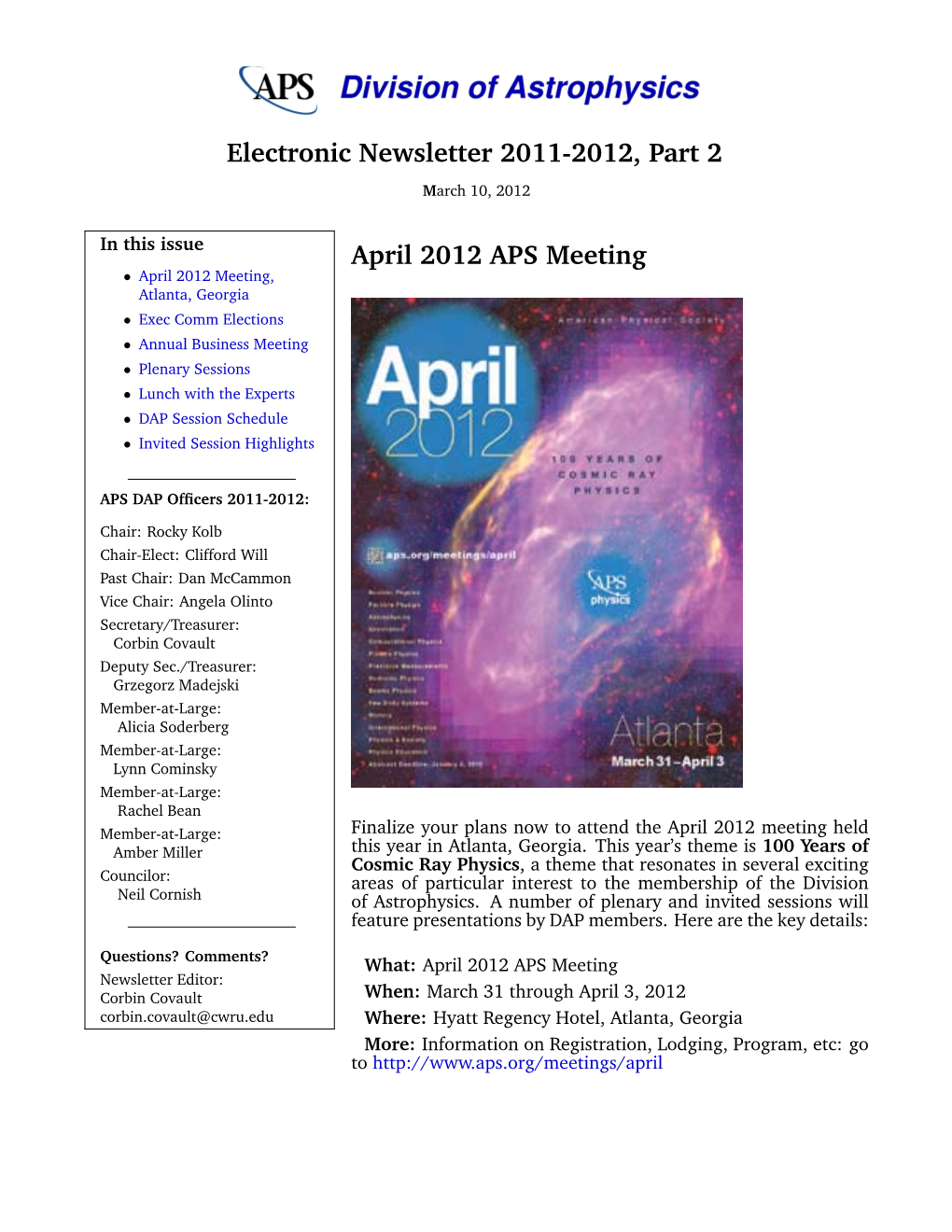 Electronic Newsletter 2011-2012, Part 2 April 2012 APS Meeting