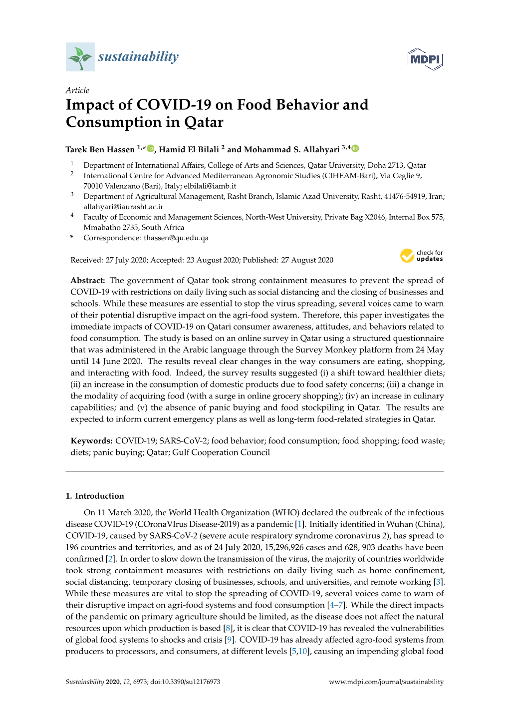 Impact of COVID-19 on Food Behavior and Consumption in Qatar