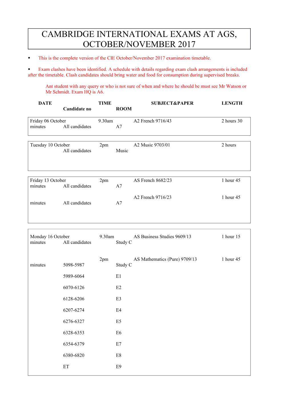 Rooms For Cambridge International Exams At Ags 2001