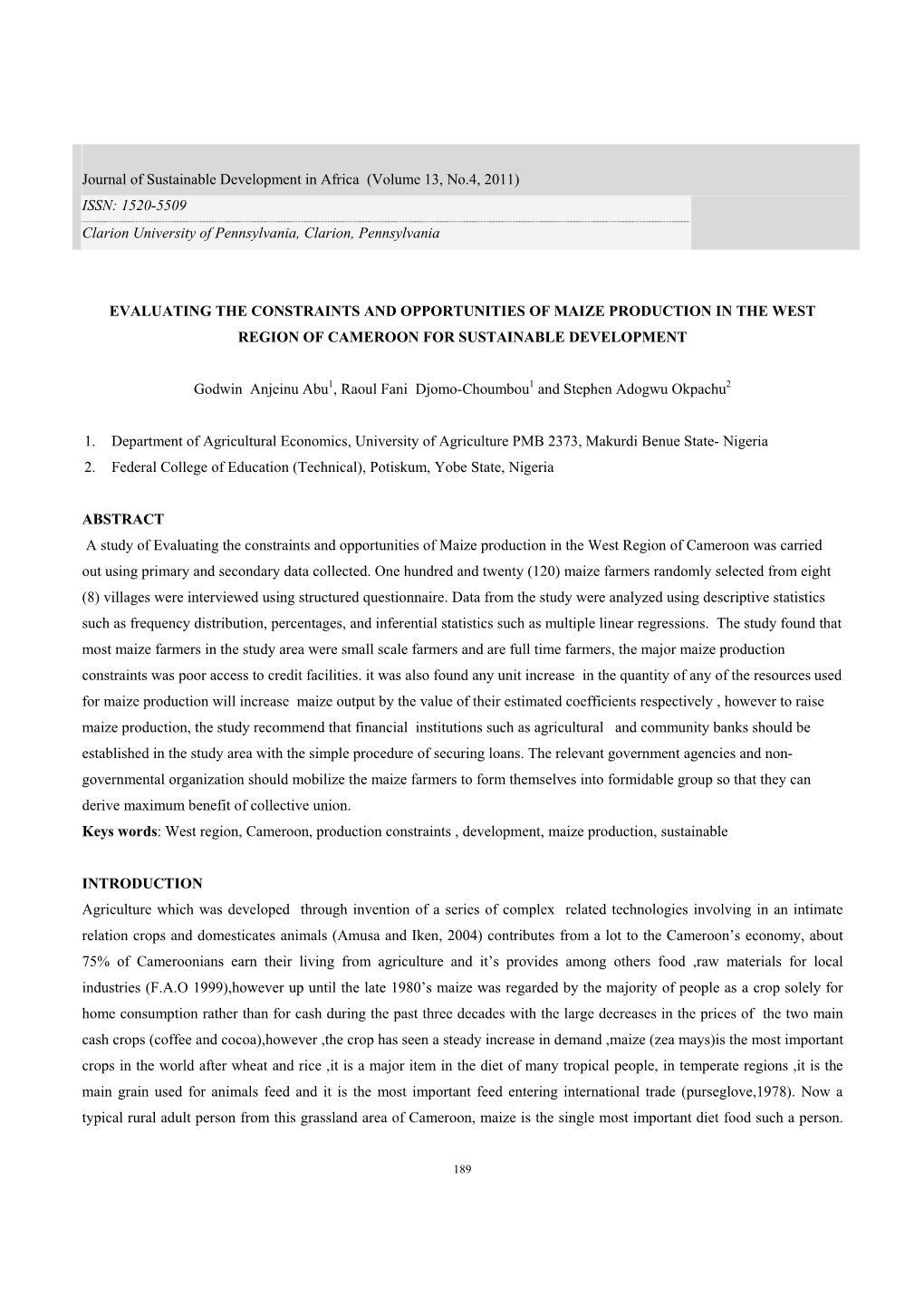 Evaluating the Constraints and Opportunities of Maize Production in the West Region of Cameroon for Sustainable Development