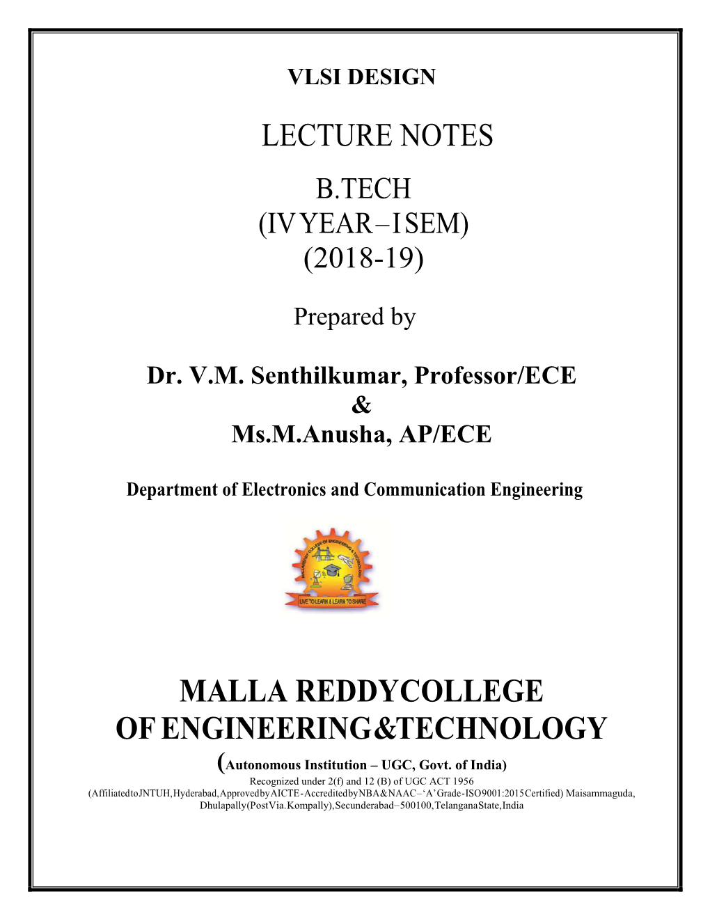 Vlsi Design Lecture Notes B.Tech (Iv Year – I Sem) (2018-19)