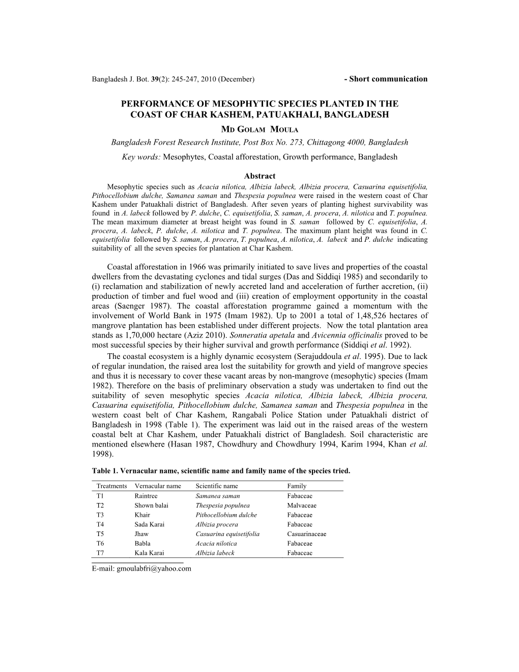 Performance of Mesophytic Species Planted in the Coast of Char Kashem, Patuakhali, Bangladesh