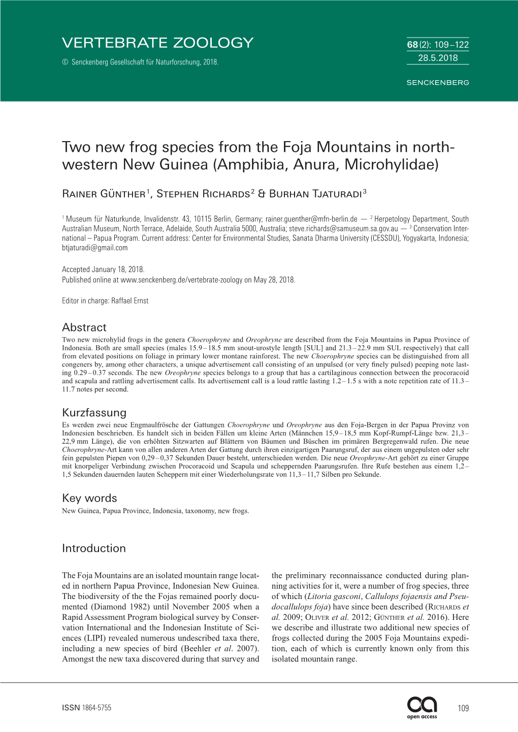 Two New Frog Species from the Foja Mountains in Northwestern New Guinea (Amphibia, Anura, Microhylidae)