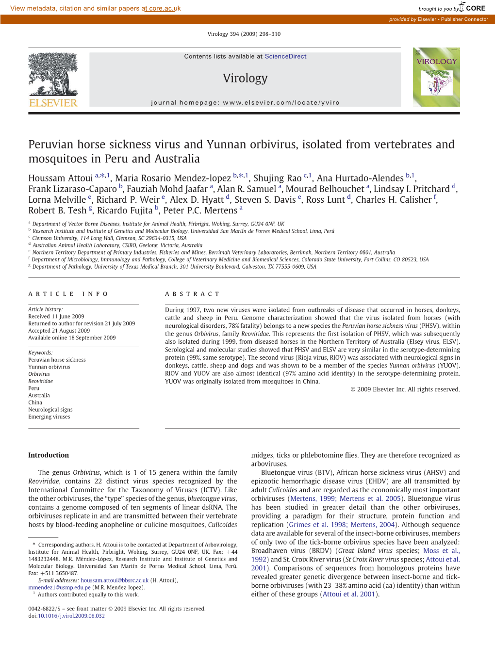 Peruvian Horse Sickness Virus and Yunnan Orbivirus, Isolated from Vertebrates and Mosquitoes in Peru and Australia