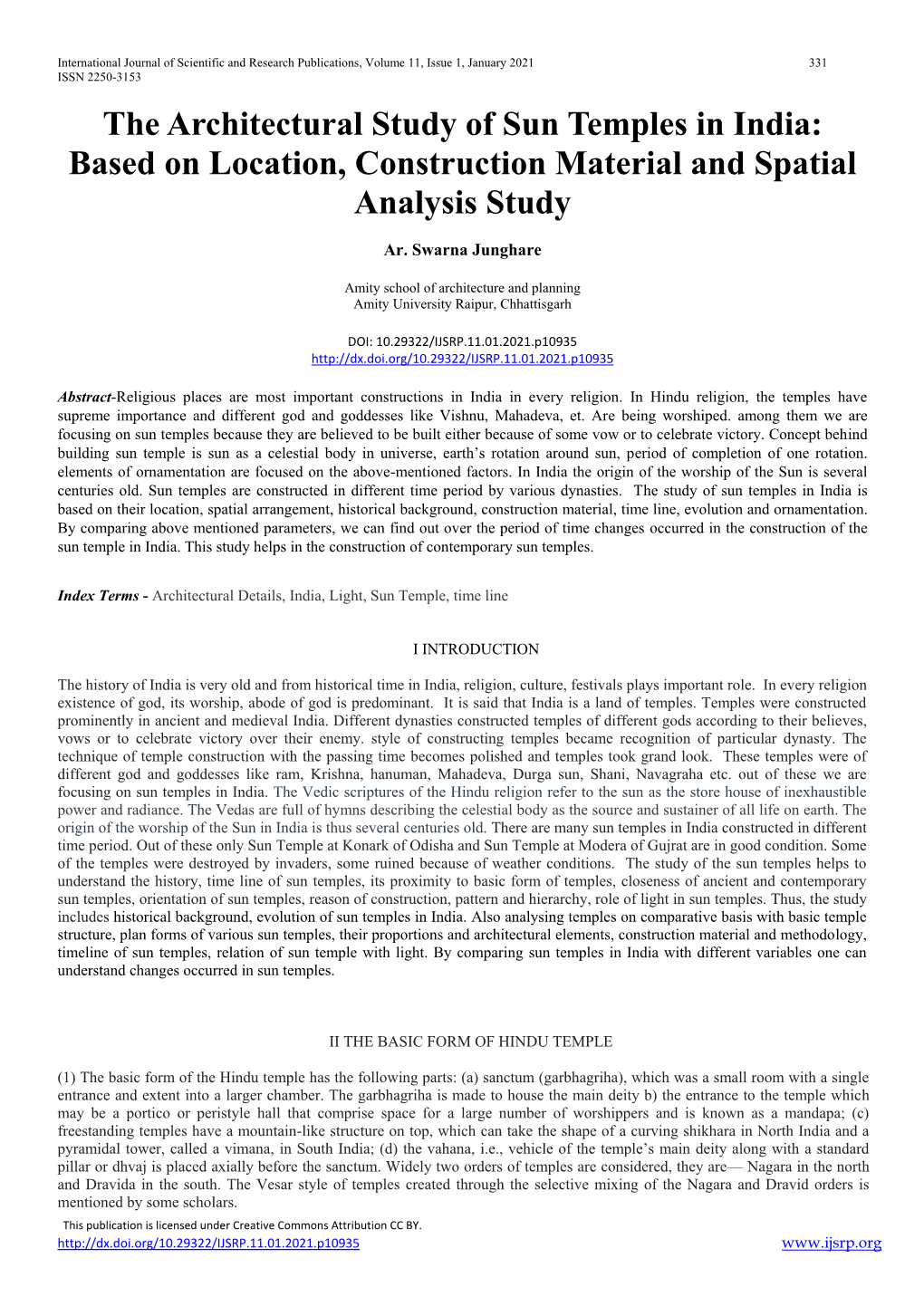 The Architectural Study of Sun Temples in India: Based on Location, Construction Material and Spatial Analysis Study