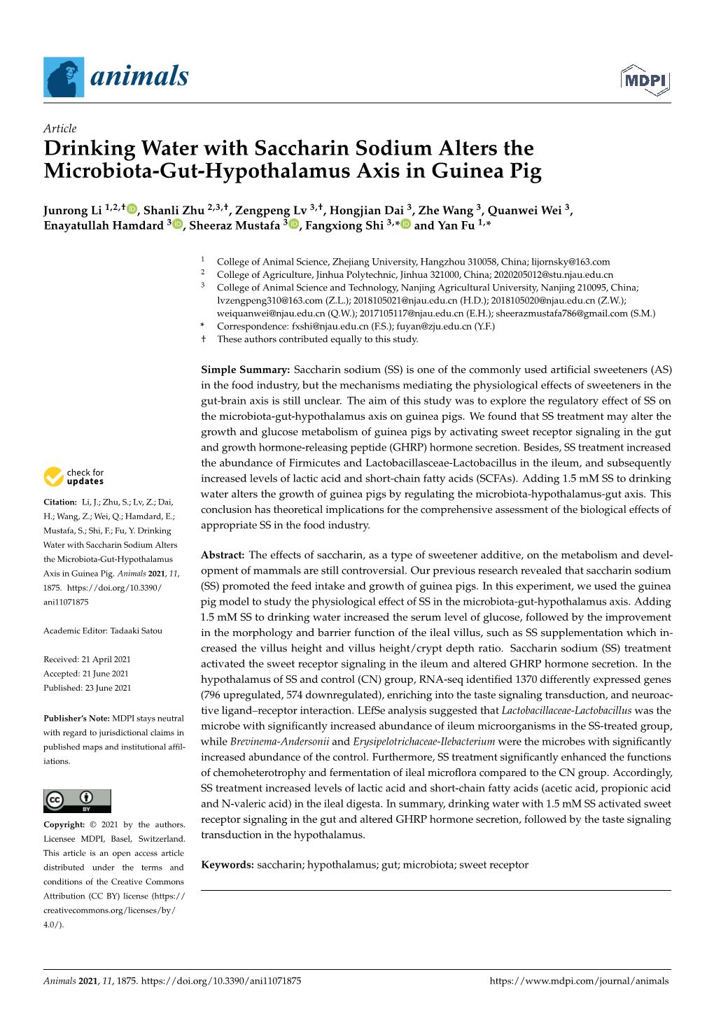 Drinking Water with Saccharin Sodium Alters the Microbiota-Gut-Hypothalamus Axis in Guinea Pig