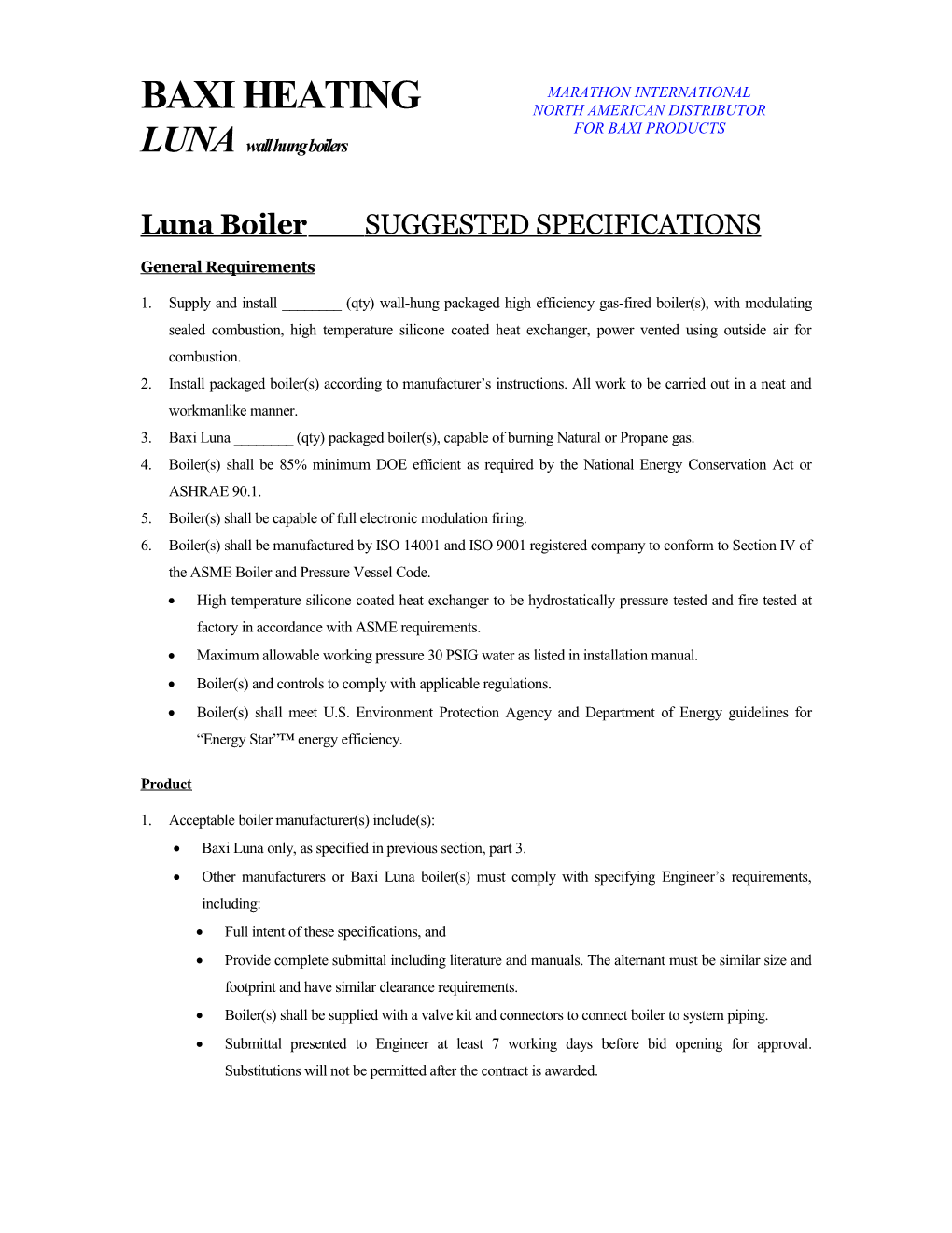 Baxi Luna Suggested Specifications Page 2 of 2