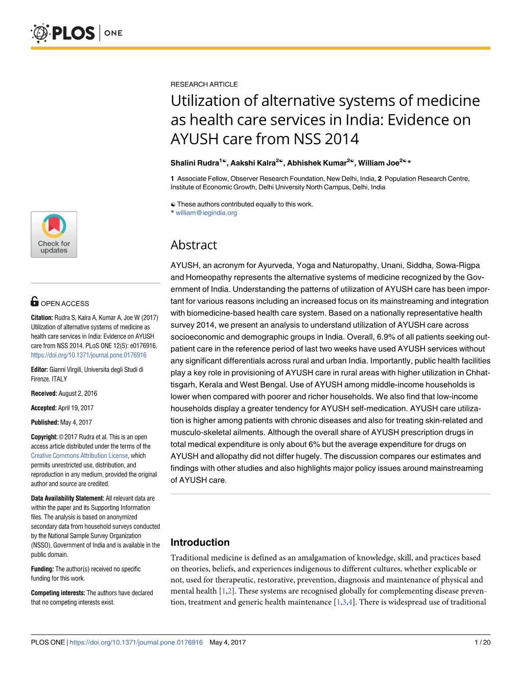 Utilization of Alternative Systems of Medicine As Health Care Services in India: Evidence on AYUSH Care from NSS 2014