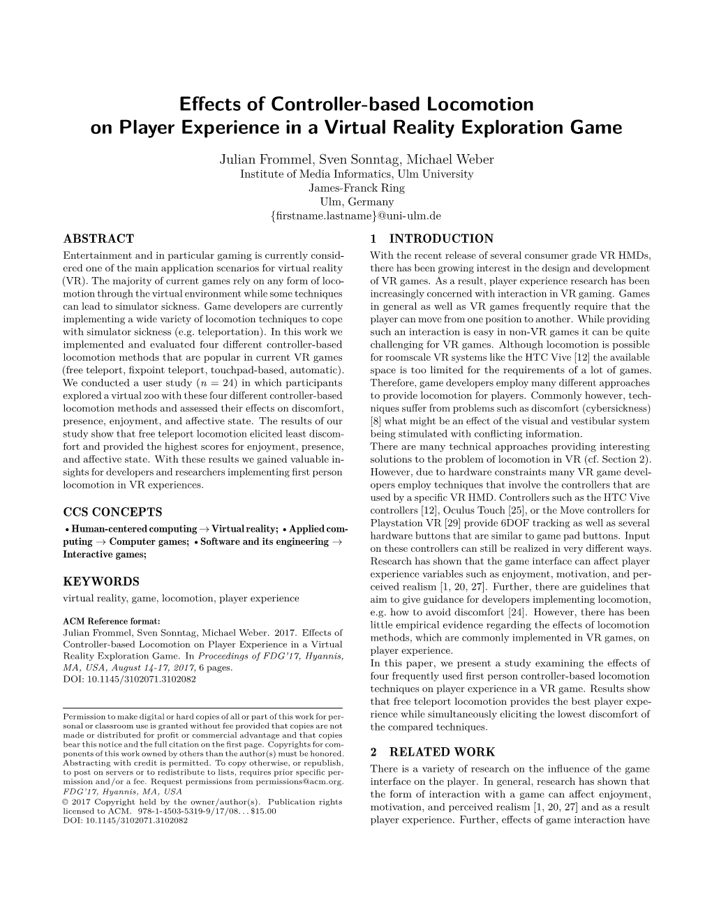 Effects of Controller-Based Locomotion on Player