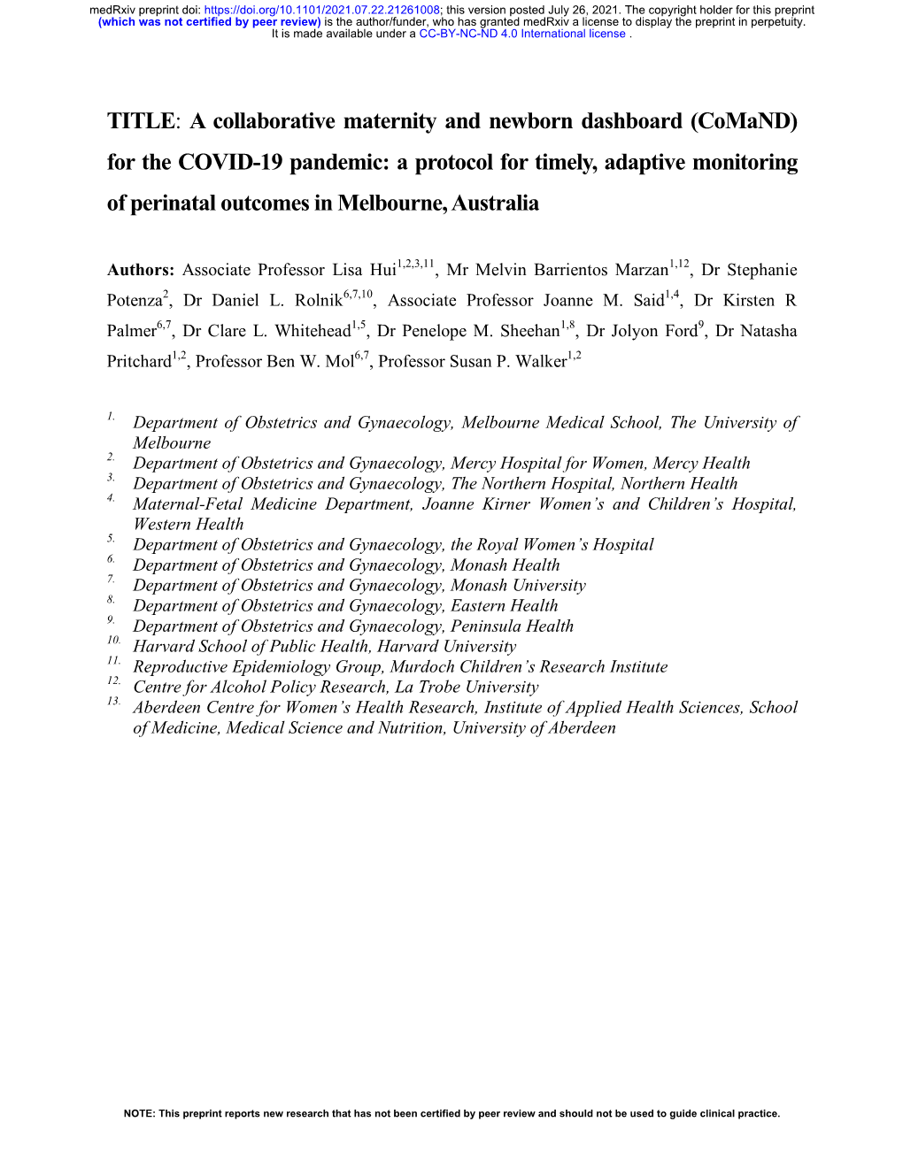 For the COVID-19 Pandemic: a Protocol for Timely, Adaptive Monitoring of Perinatal Outcomes in Melbourne, Australia