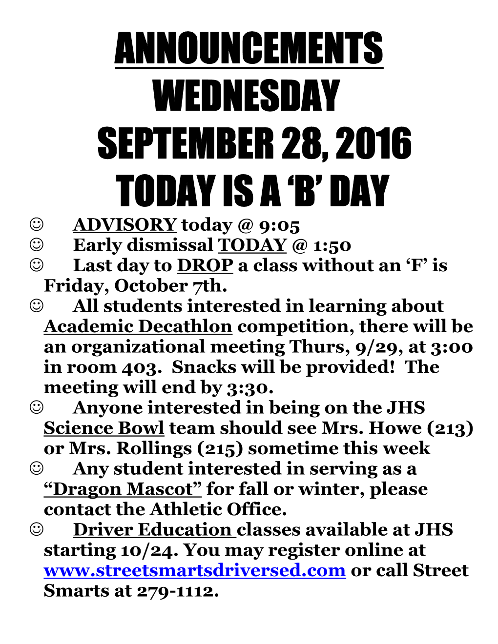 Announcements Wednesday September 28, 2016 Today