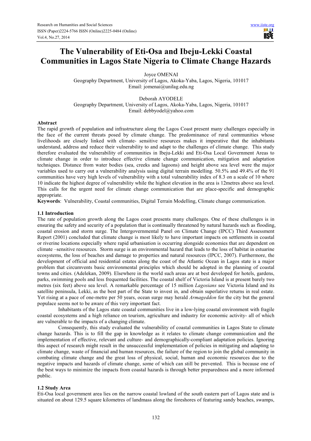 The Vulnerability of Eti-Osa and Ibeju-Lekki Coastal Communities in Lagos State Nigeria to Climate Change Hazards