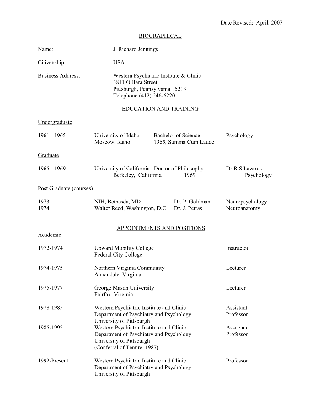 Business Address: Western Psychiatric Institute & Clinic