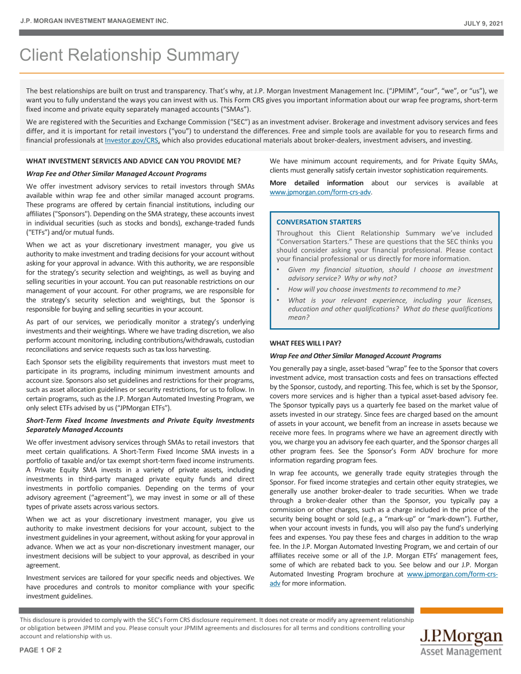 JP Morgan Investment Management Inc. | Client Relationship Summary