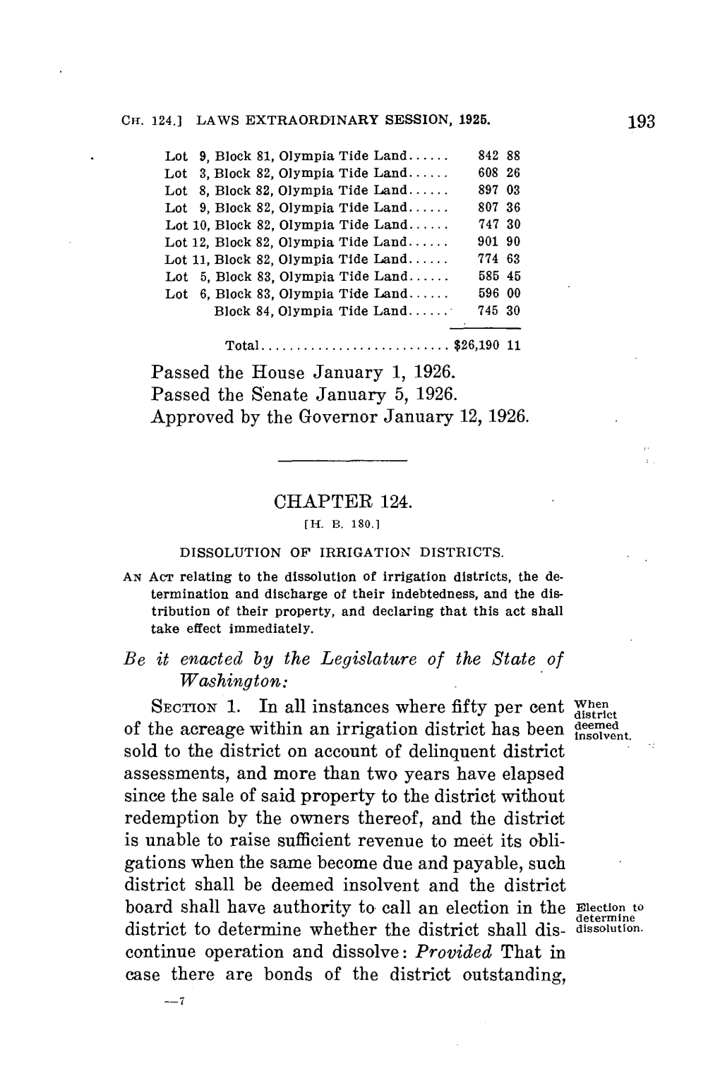 Passed the House January 1, 1926. Passed the Senate January 5, 1926