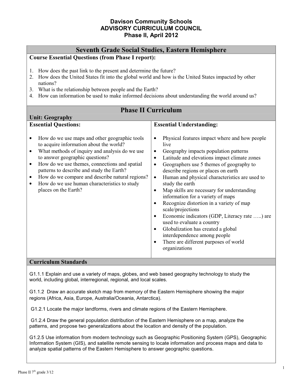 Seventh Grade Social Studies, Eastern Hemisphere Course Essential Questions (From Phase I Report)