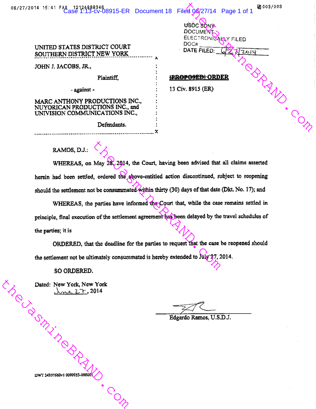 Thejasminebrand.Com Thejasminebrand.Com Case 1:13-Cv-08915-ER Document 14 Filed 05/06/14 Page 1 of 34