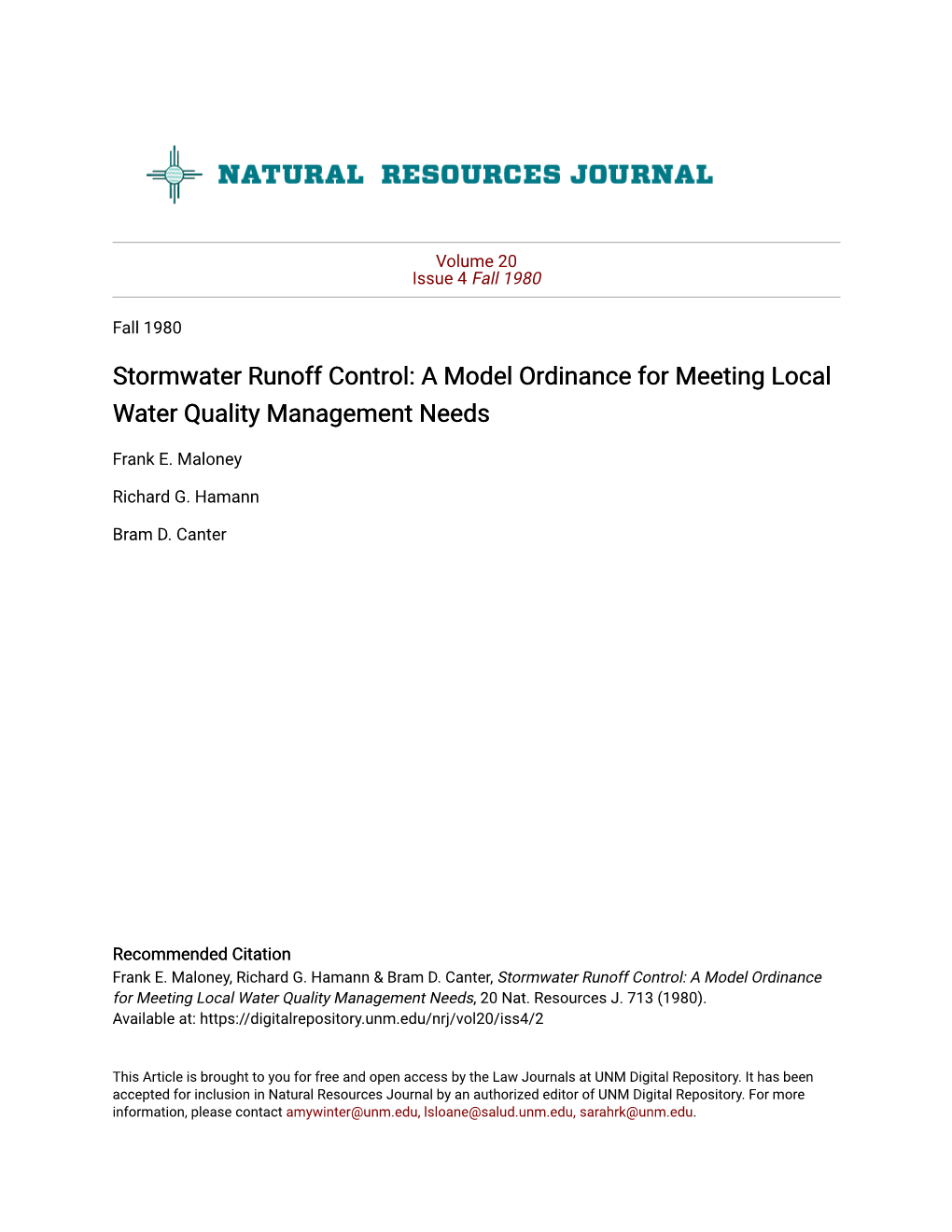 Stormwater Runoff Control: a Model Ordinance for Meeting Local Water Quality Management Needs