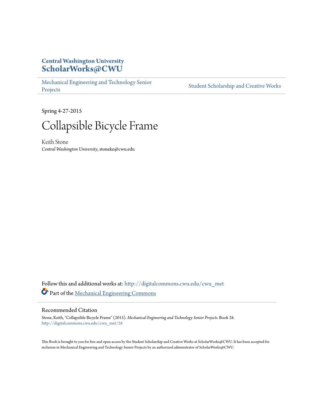 Collapsible Bicycle Frame Keith Stone Central Washington University, Stoneke@Cwu.Edu