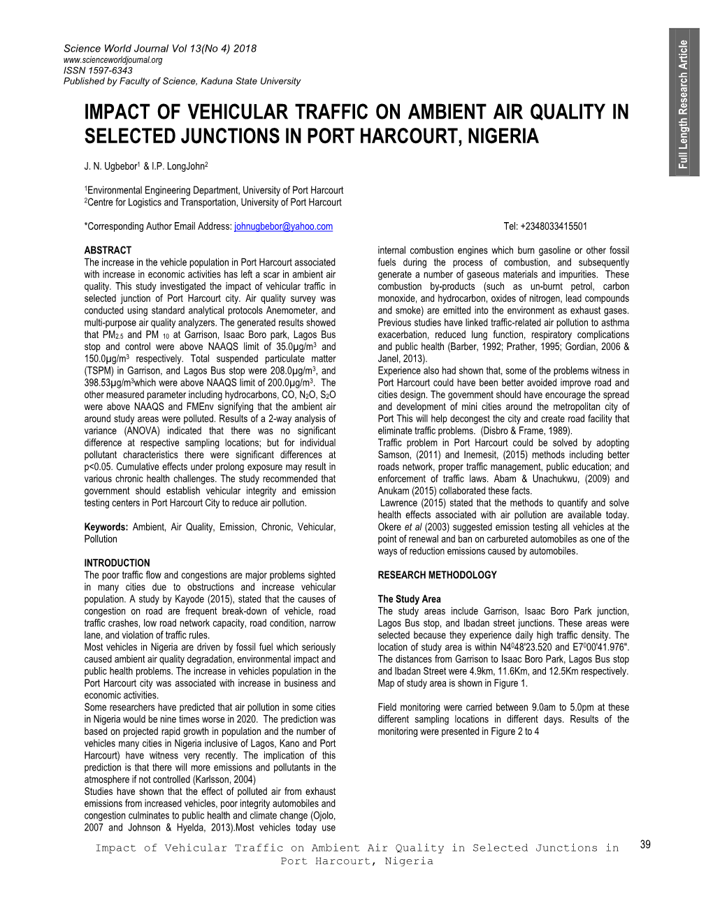 Impact of Vehicular Traffic on Ambient Air Quality in Selected Junctions in Port Harcourt, Nigeria