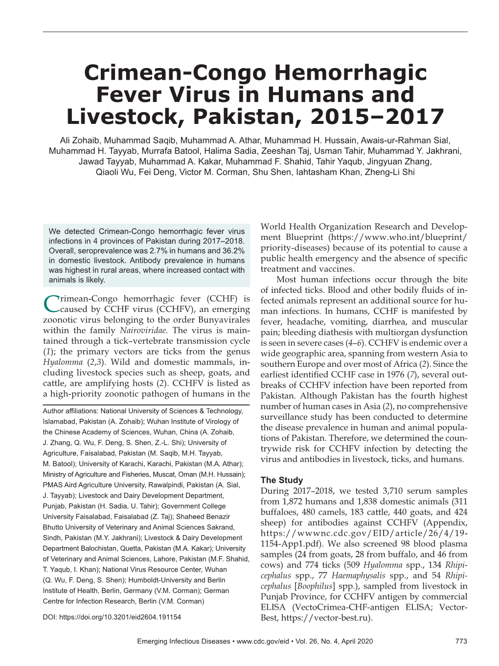 Crimean-Congo Hemorrhagic Fever Virus in Humans and Livestock, Pakistan, 2015–2017 Ali Zohaib, Muhammad Saqib, Muhammad A