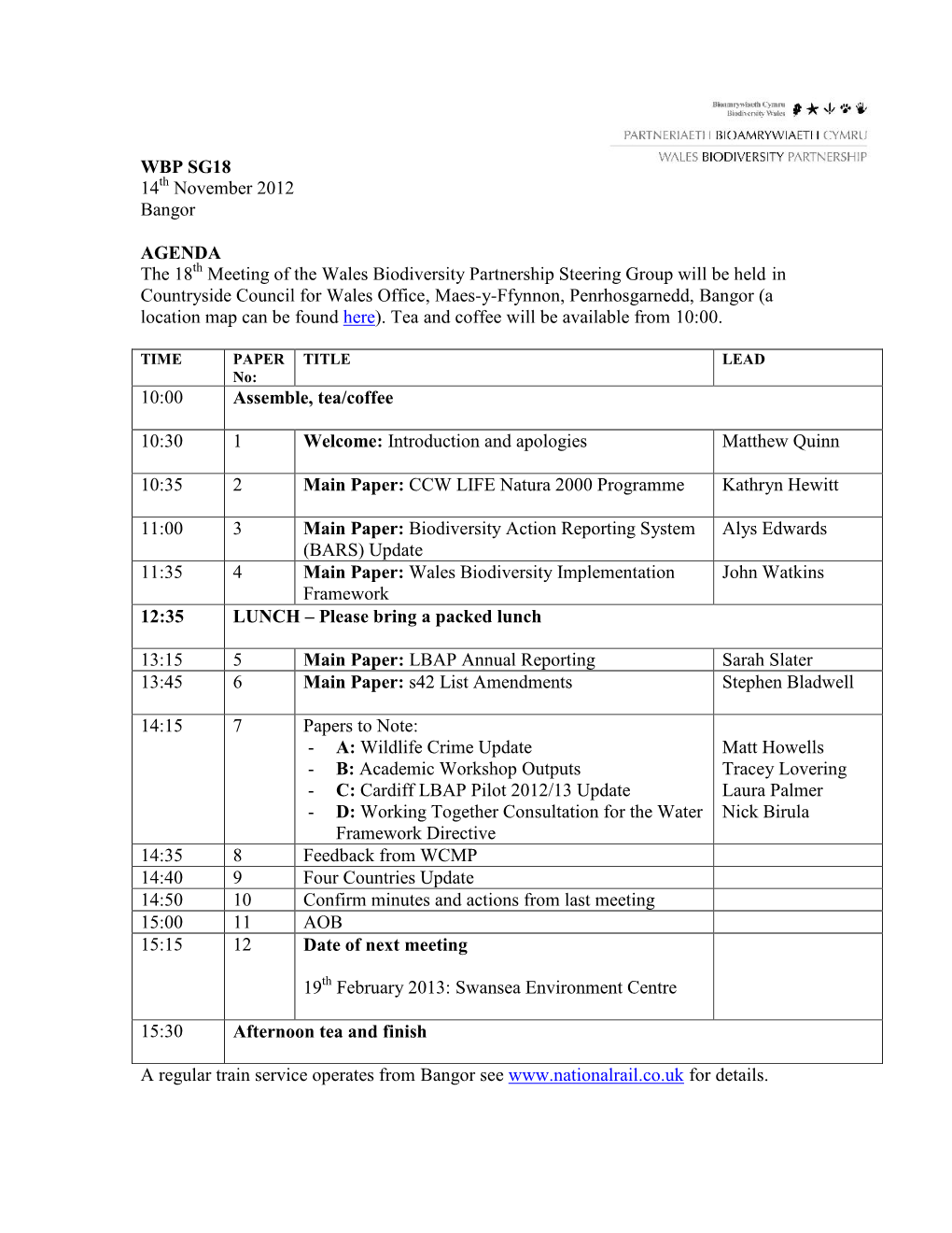 WBP SG18 14Th November 2012 Bangor AGENDA the 18Th Meeting