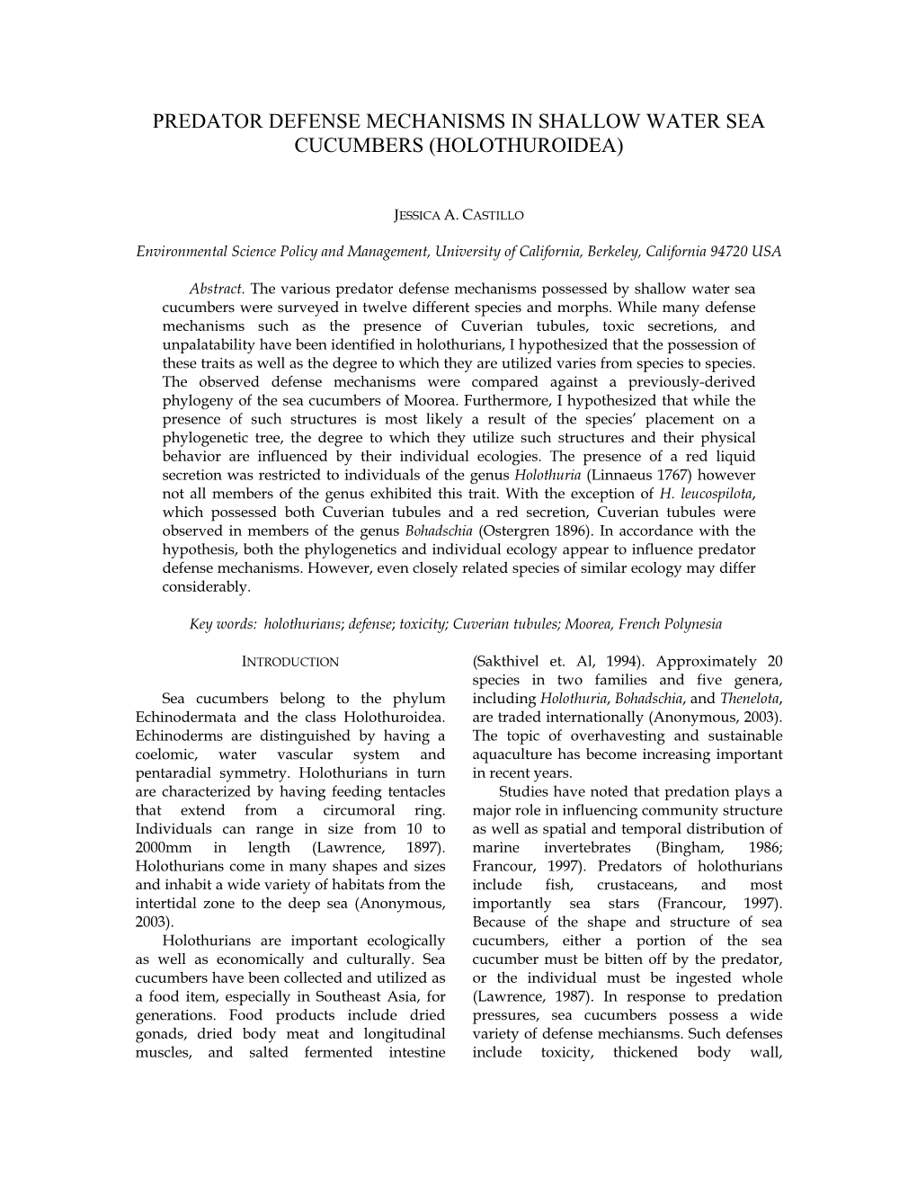 Predator Defense Mechanisms in Shallow Water Sea Cucumbers (Holothuroidea)