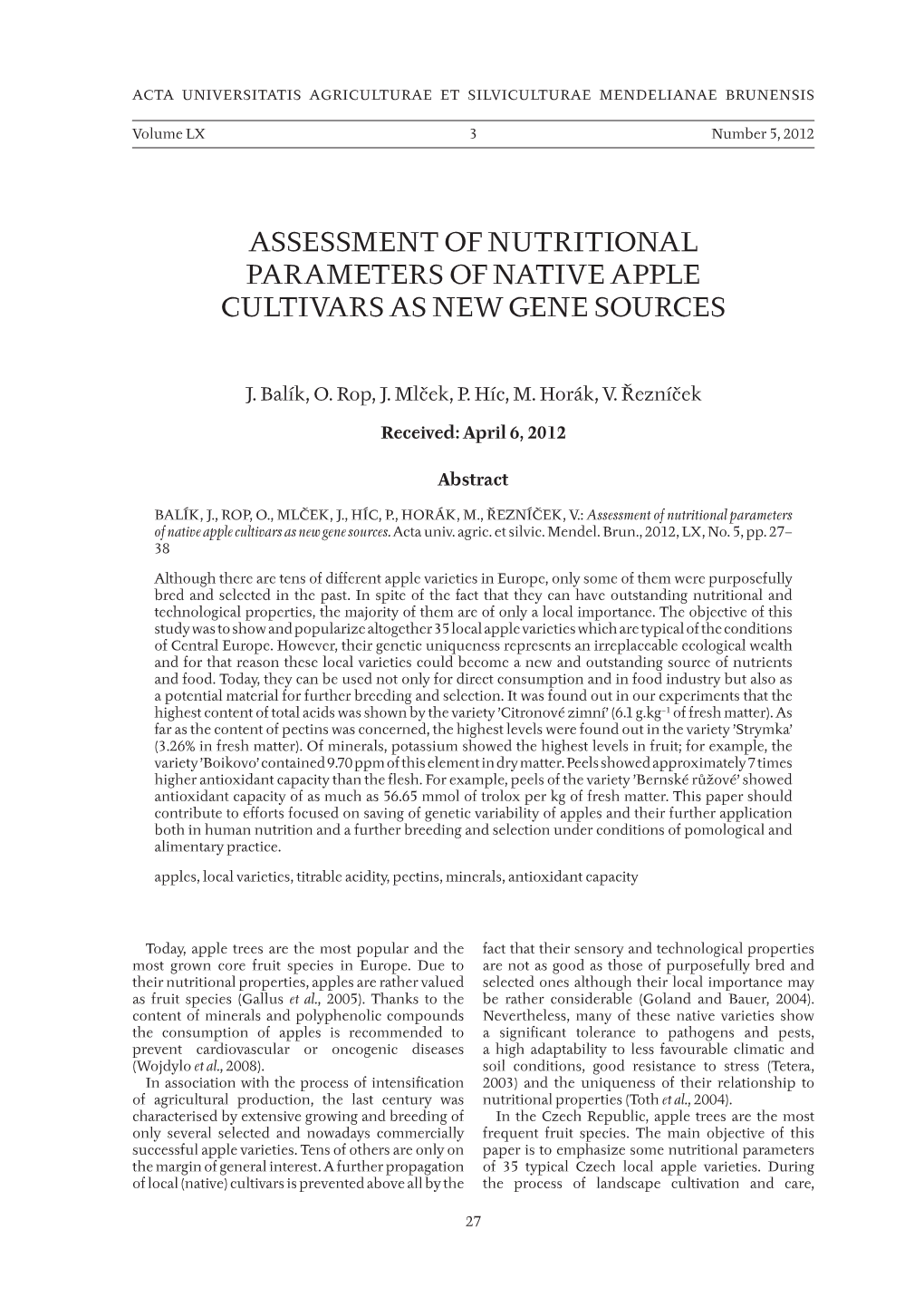 Assessment of Nutritional Parameters of Native Apple