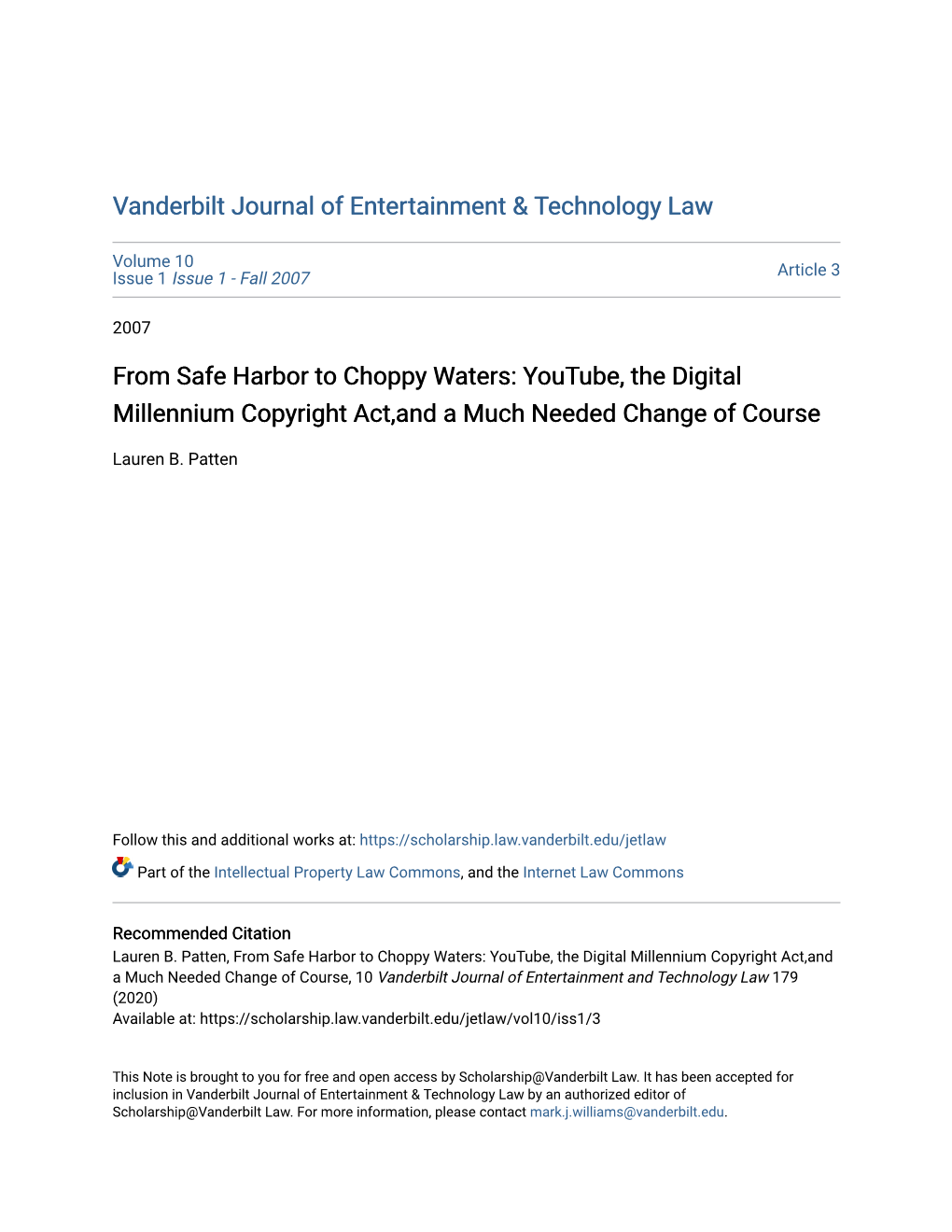 From Safe Harbor to Choppy Waters: Youtube, the Digital Millennium Copyright Act,And a Much Needed Change of Course