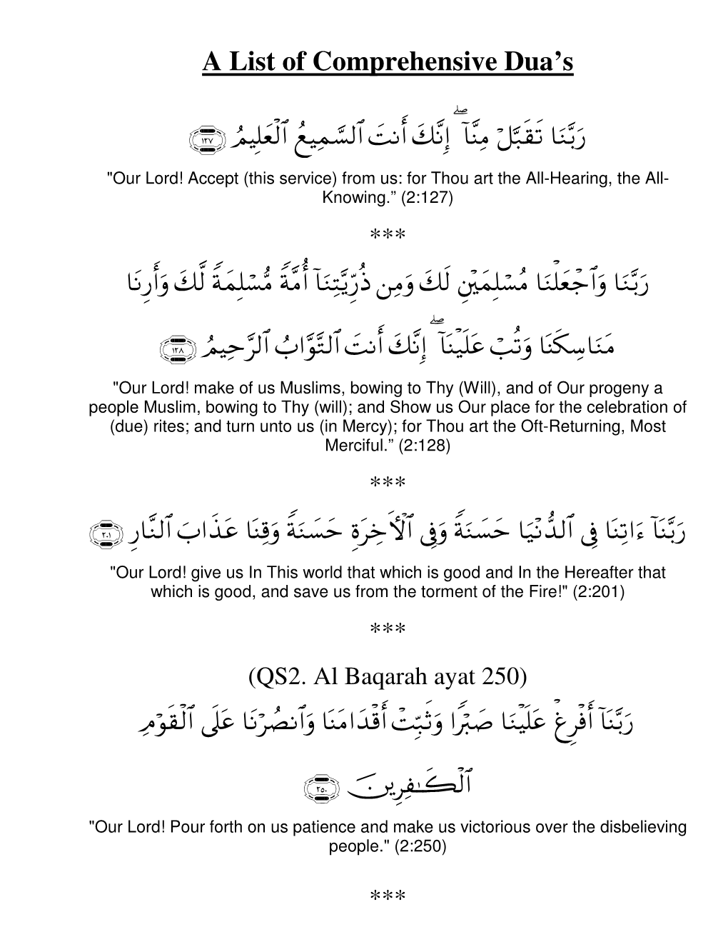 A List of Comprehensive Dua's