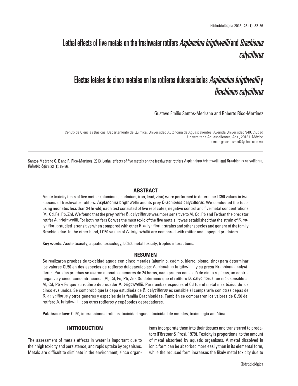 Lethal Effects of Five Metals on the Freshwater Rotifers Asplanchna Brigthwellii and Brachionus Calyciflorus