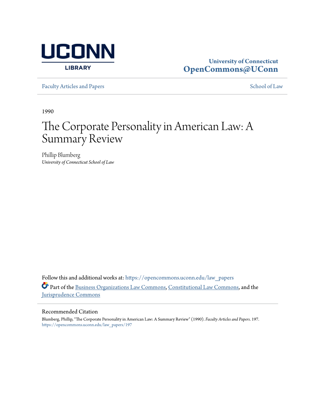 The Corporate Personality in American Law: a Summary Review