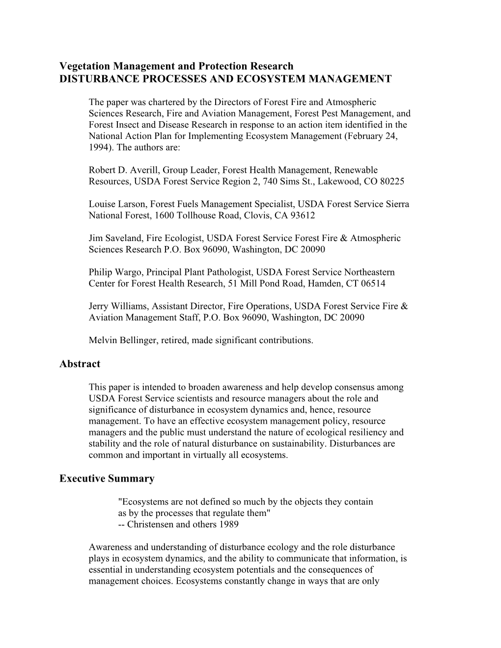 Disturbance Processes and Ecosystem Management