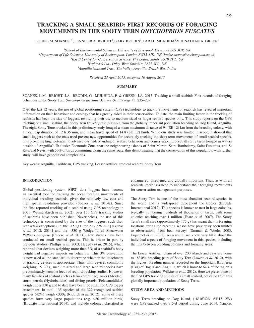 Tracking a Small Seabird: First Records of Foraging Movements in the Sooty Tern Onychoprion Fuscatus