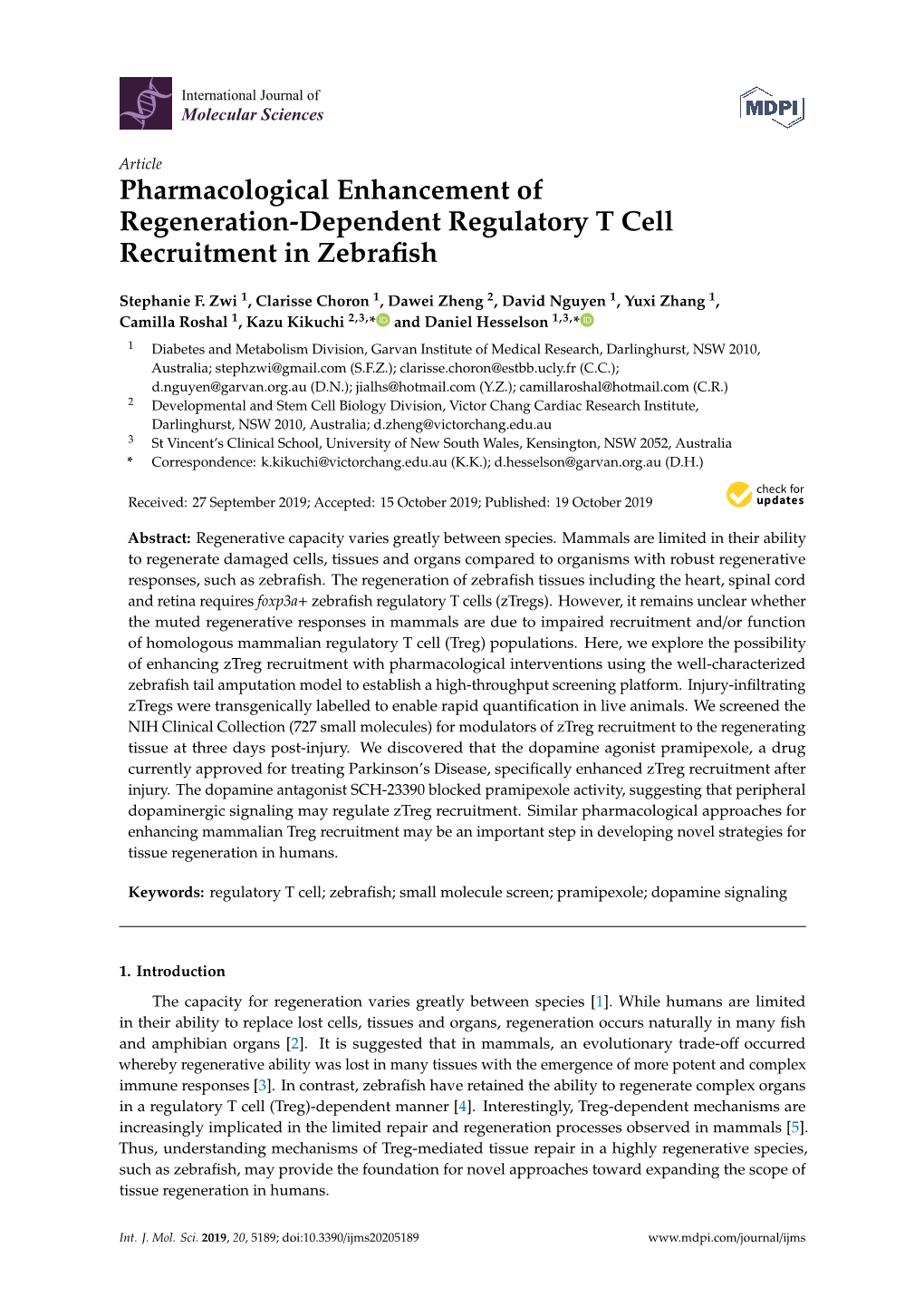 Pharmacological Enhancement of Regeneration-Dependent Regulatory T Cell Recruitment in Zebraﬁsh