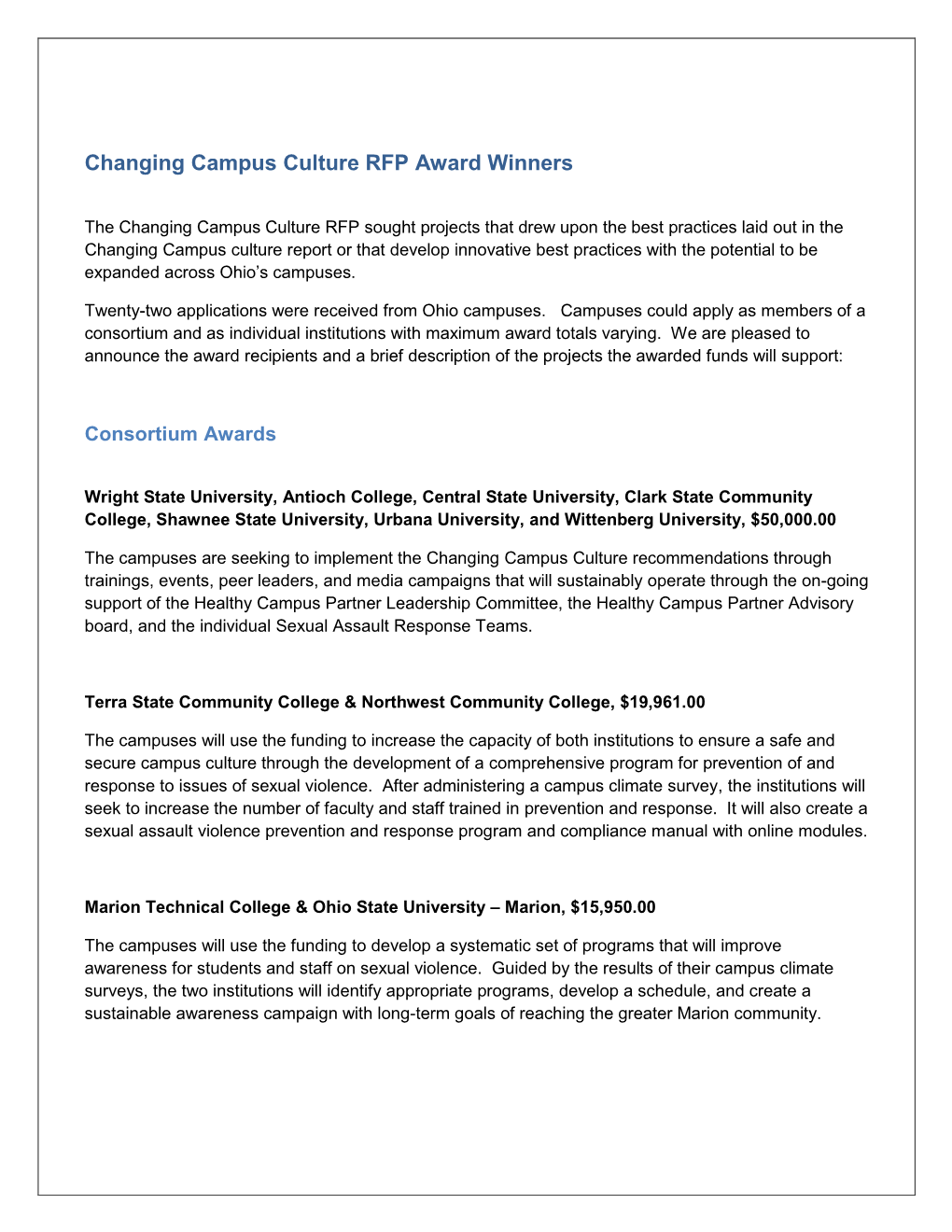 Changing Campus Culture RFP Award Winners