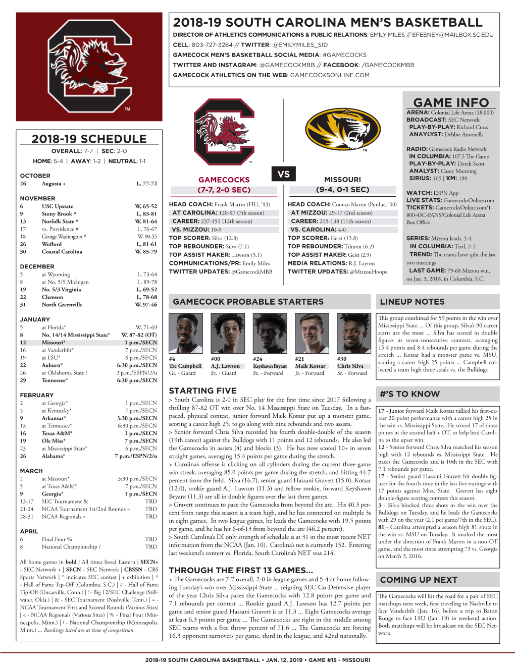 Game Info 2018-19 South Carolina Men's Basketball